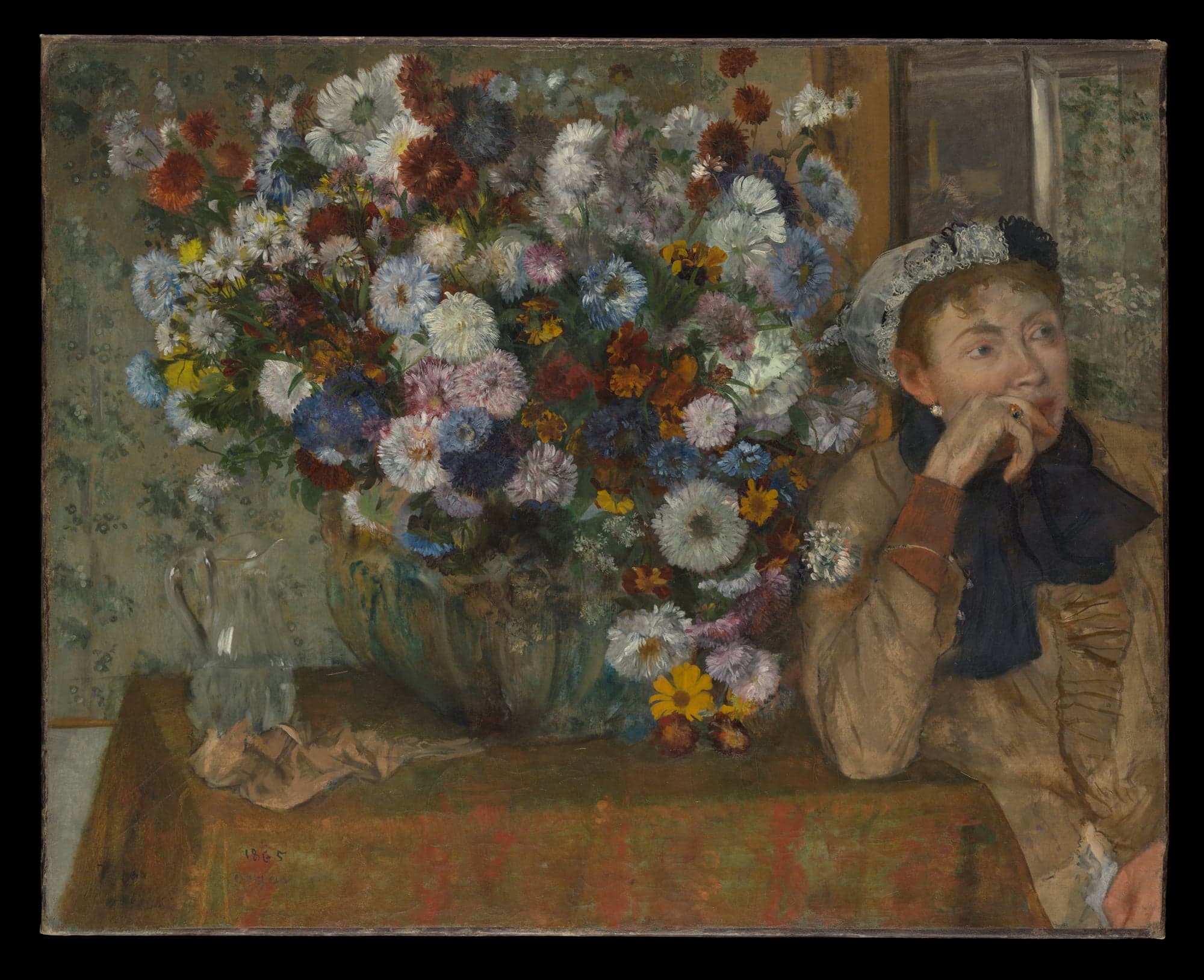 A Woman Seated beside a Vase of Flowers (Madame Paul Valpinçon?), by Edgar Degas, 1865