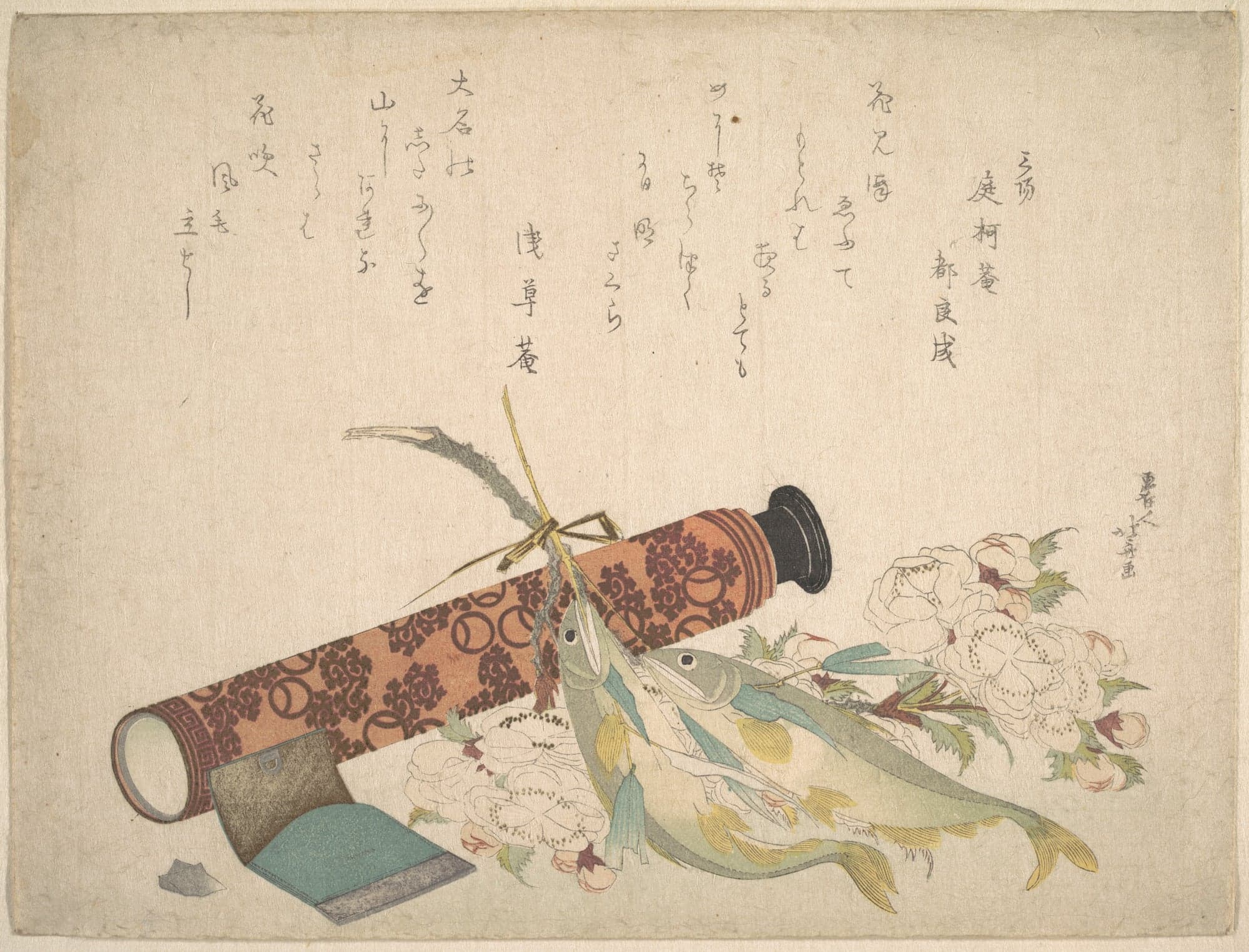 Still Life: Double Cherry-Blossom Branch, Telescope, Sweet Fish, and Tissue Case, by Katsushika Hokusai, ca. 1804–13