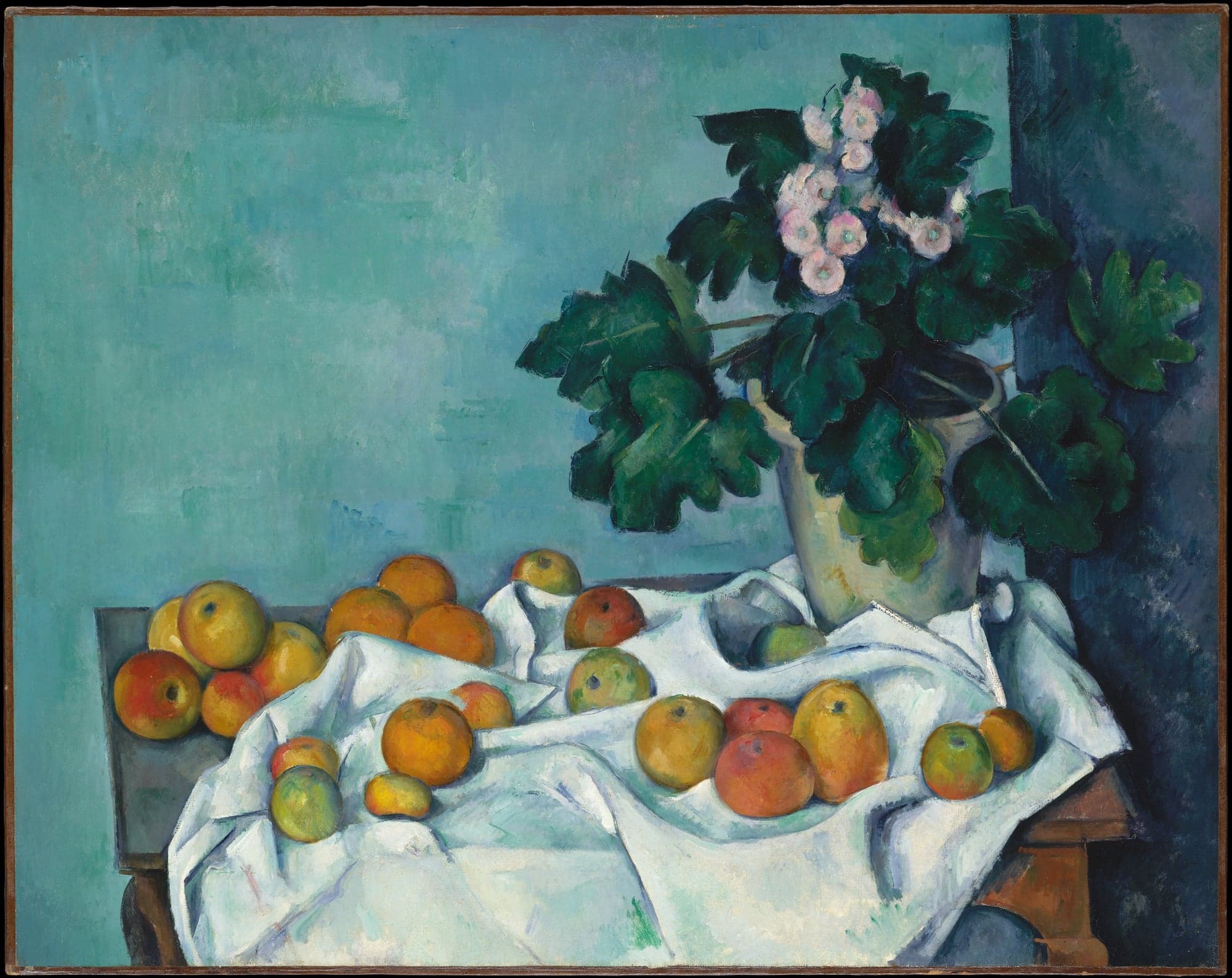 Still Life with Apples and a Pot of Primroses, by Paul Cézanne, ca. 1890