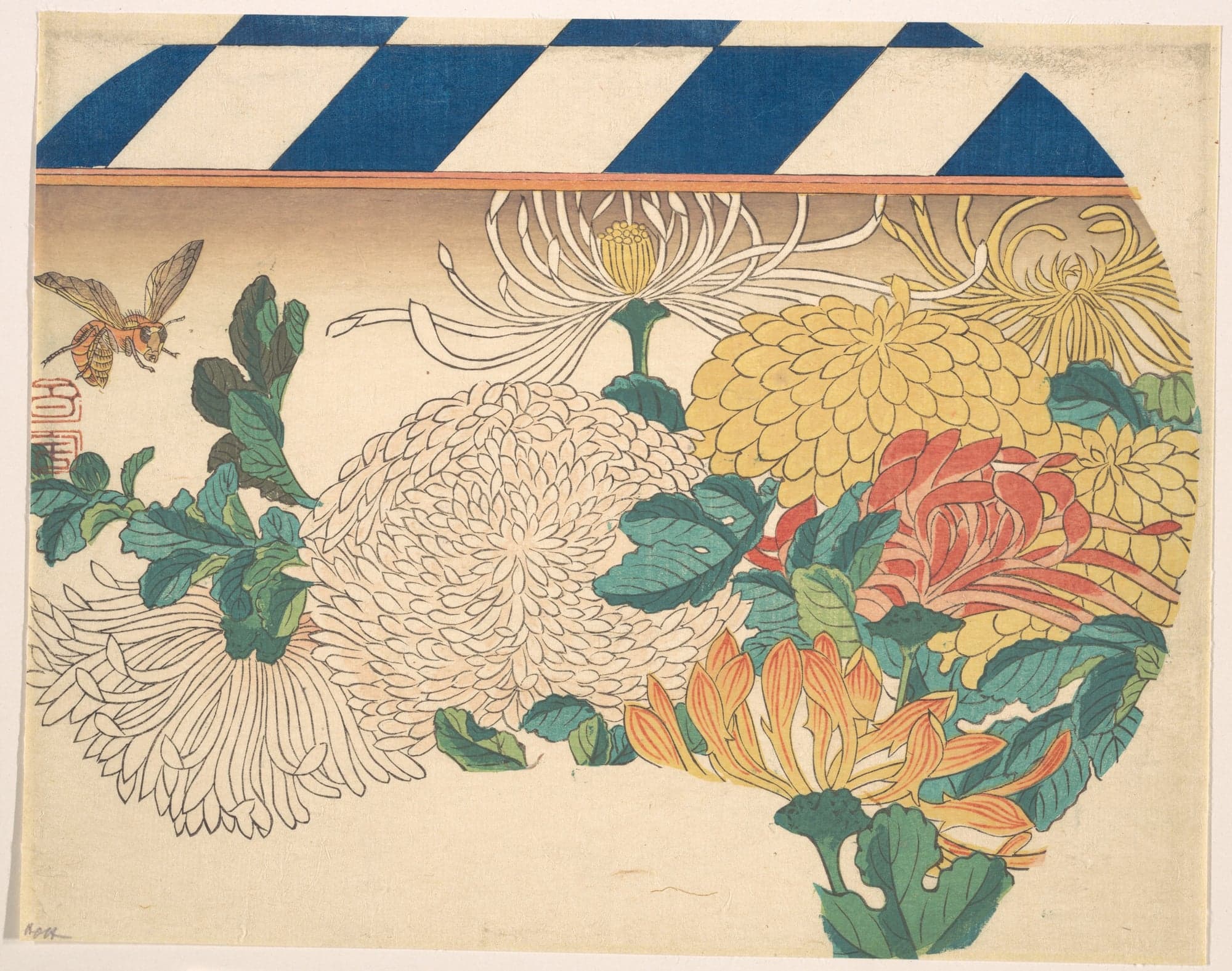 Chrysanthemums in Fan-shaped Design, by Utagawa Hiroshige, 1840s