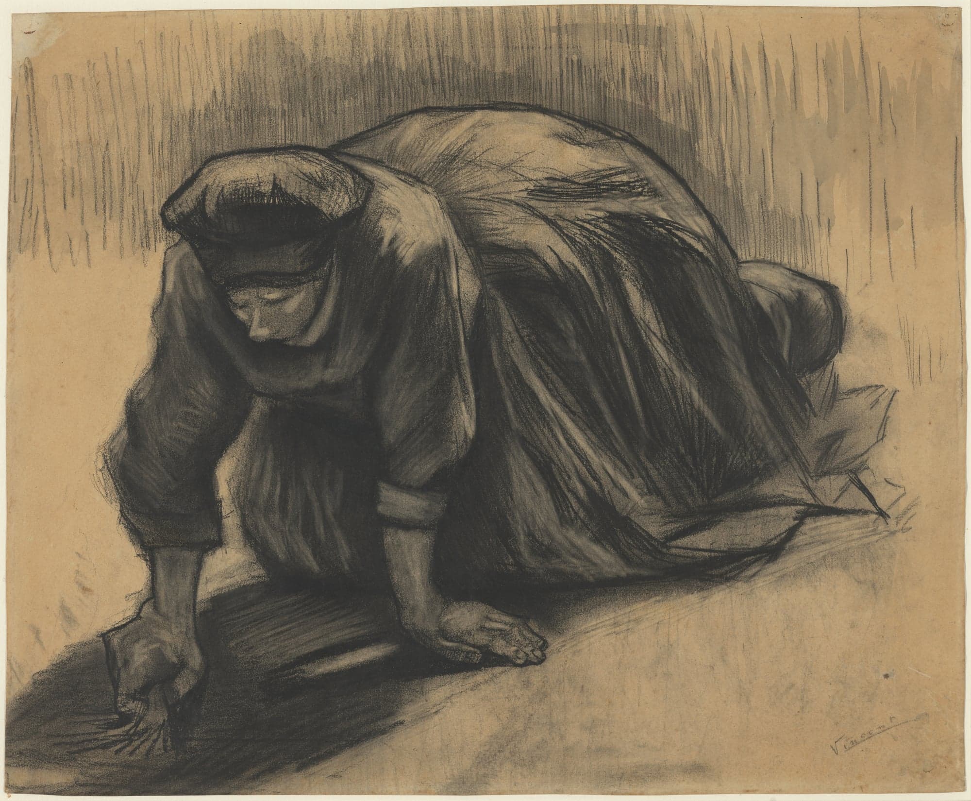 Peasant Woman Kneeling and Pulling Carrots, by Vincent van Gogh, 1885